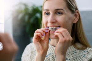 Woman fitting clear aligner on to upper teeth.